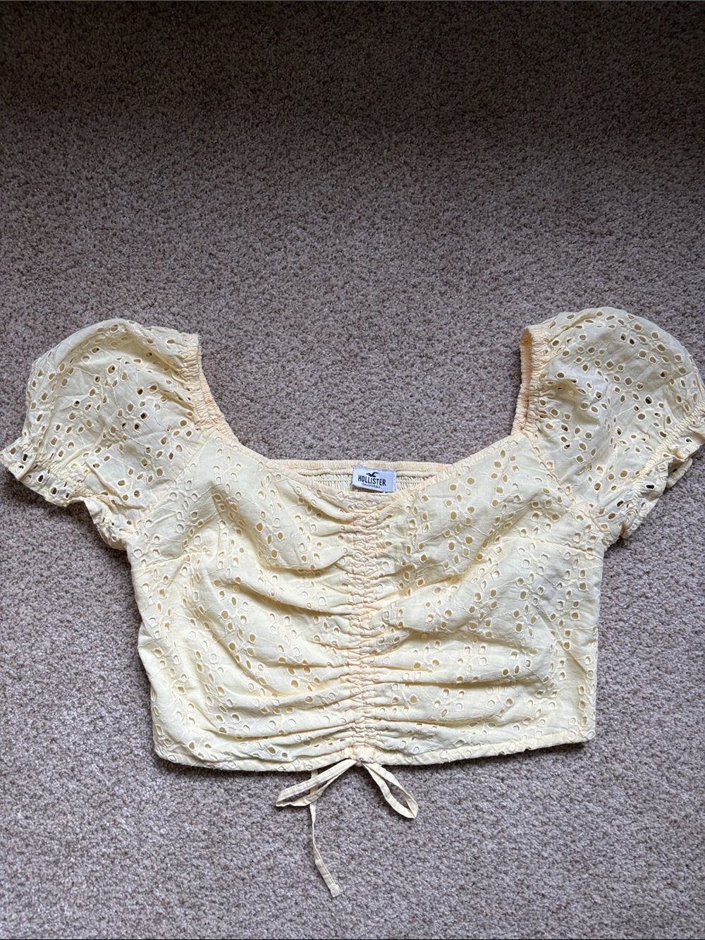 Hollister Pale Yellow Eyelet Ruched Puff Sleeve Crop Top